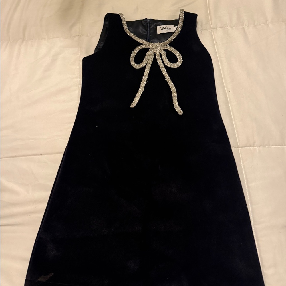 Lola Black Velvet Kids Dress with Silver Bow